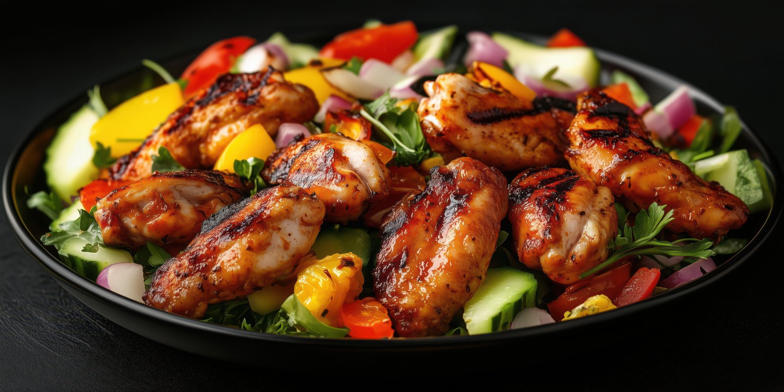 Grilled chicken wings on a fresh vegetable salad served in a black bowl for a healthy meal